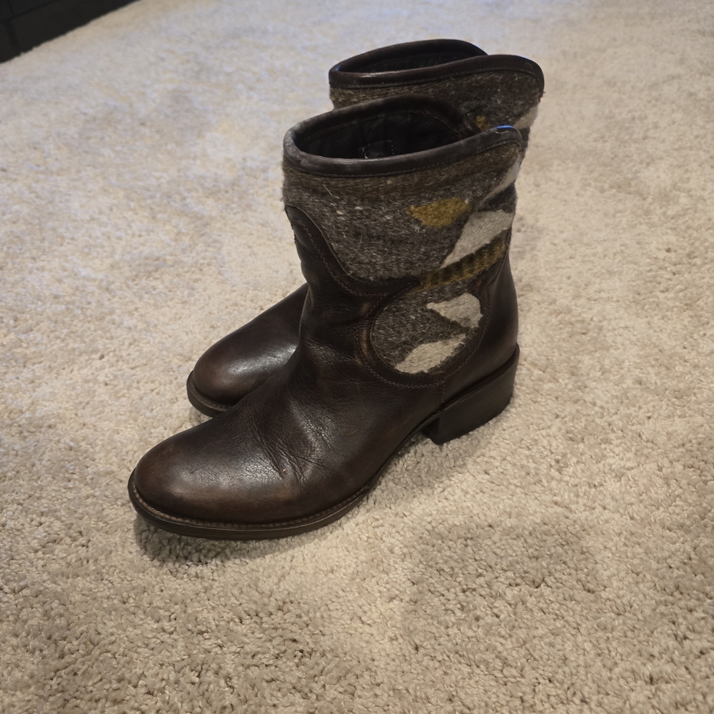 Freebird Women’s Brown Leather & Gray Wool Ankle Boots